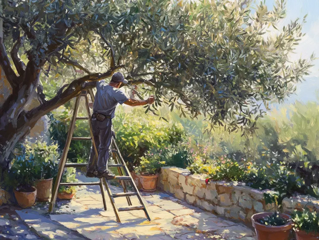 Homme en train de tailler un olivier sur une échelle dans un jardin méditerranéen ensoleillé